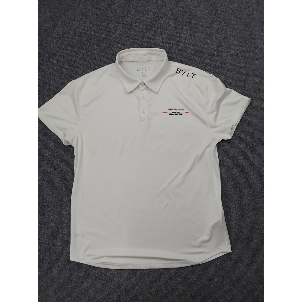 BYLT Polo Shirt Mens Large White Formula 1 Miami Grand Prix Logo Short Sleeve